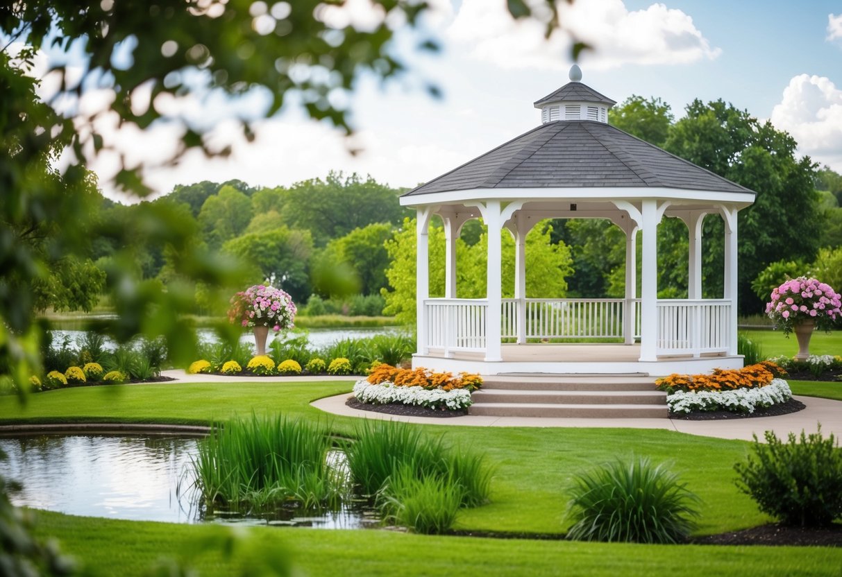 A beautiful outdoor wedding venue with a gazebo and blooming flowers, surrounded by lush greenery and a serene pond