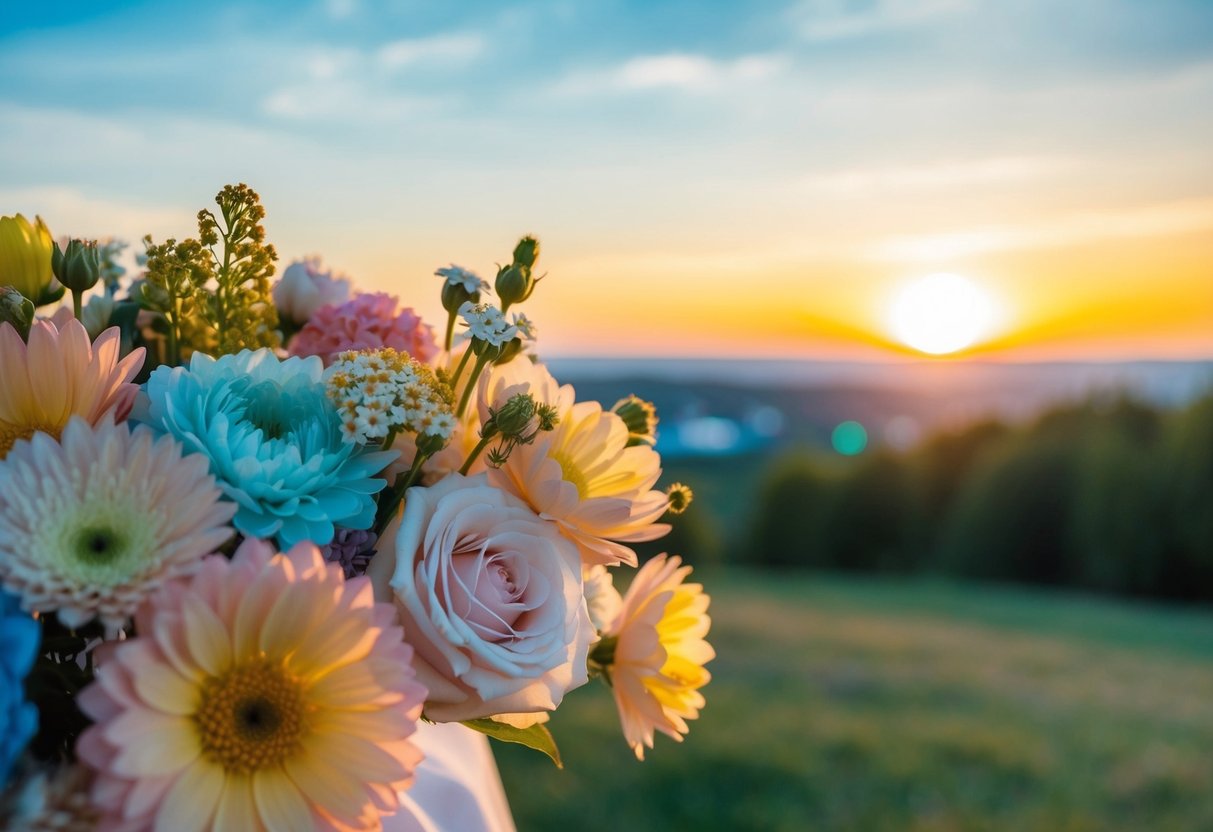 A beautiful wedding scene with pastel-colored flowers, a soft blue sky, and a golden sunset casting a warm glow over the landscape