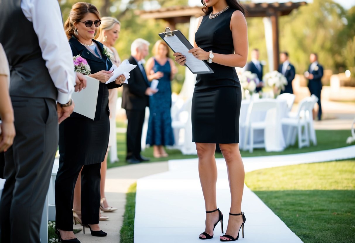 A female wedding coordinator wearing a sleek black dress and heels, holding a clipboard and coordinating with vendors at a beautiful outdoor wedding venue