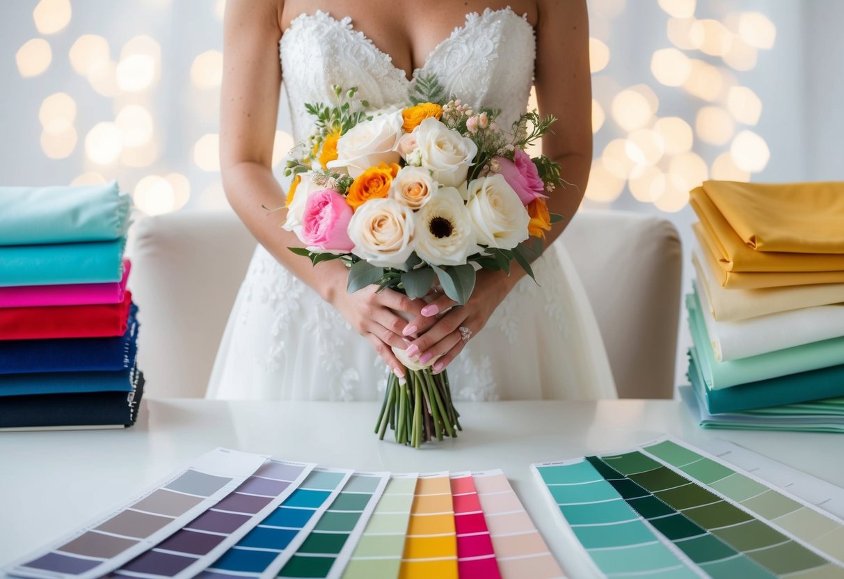A bride holding a bouquet of flowers, surrounded by various color swatches and fabric samples, trying to decide on the perfect color for her wedding attire