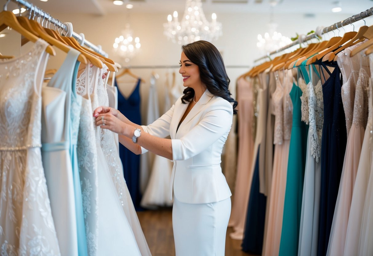 A female wedding coordinator stands in a bustling bridal boutique, surrounded by racks of elegant dresses and accessories, carefully selecting the perfect ensemble for the big day