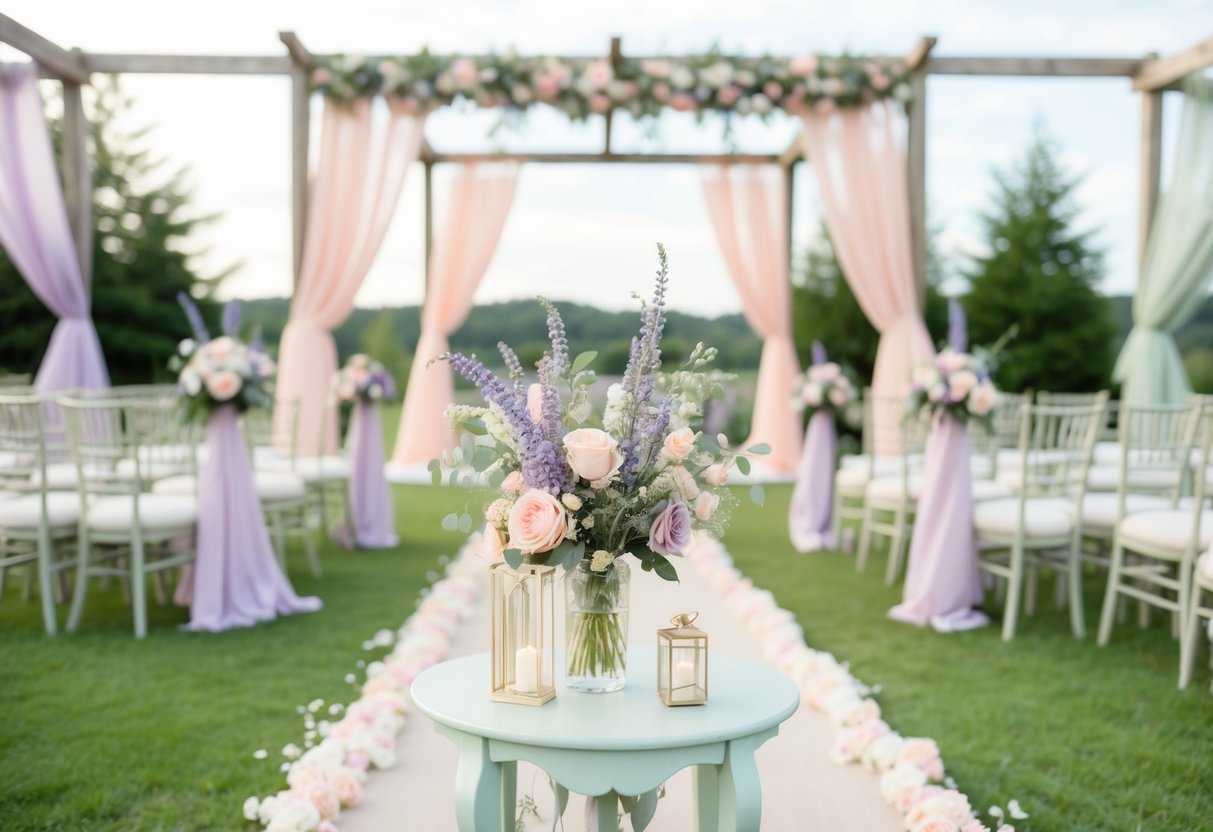 A serene outdoor wedding venue with a color palette of pastel pink, lavender, and sage green. The theme is whimsical and romantic, with delicate floral accents and vintage-inspired decor