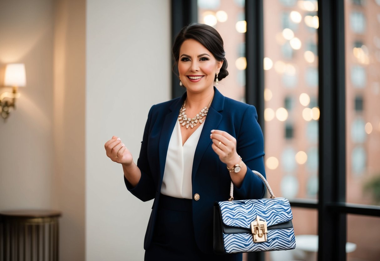 A wedding coordinator selects elegant jewelry and a statement bag to complement her professional attire