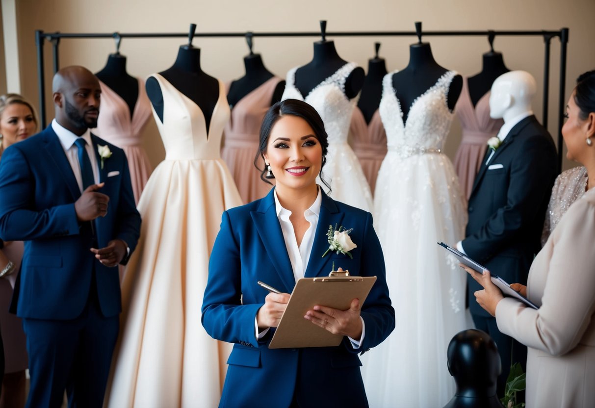A female wedding coordinator stands in front of a rack of elegant dresses, surrounded by mannequins in formal attire. She holds a clipboard and consults with a team of vendors