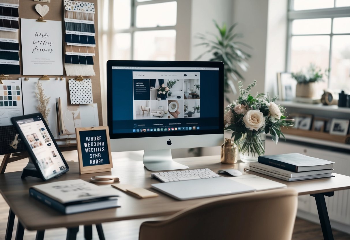 A stylish wedding planner's desk with mood boards, fabric swatches, and design books. A computer with a website and social media open for inspiration