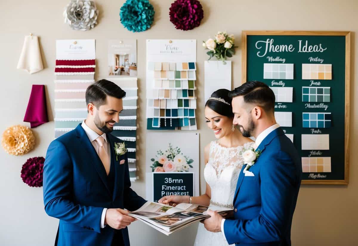 A bride and groom browsing through magazines and Pinterest boards, surrounded by swatches of fabric and color palettes, with a chalkboard displaying different theme ideas