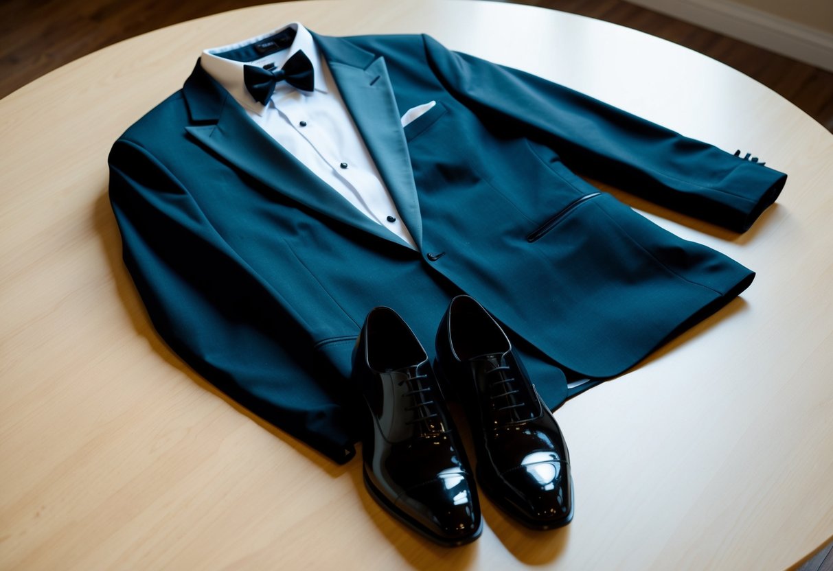 A sleek tuxedo jacket and crisp white shirt laid out on a clean, wooden table, with a pair of polished black dress shoes placed neatly beside them