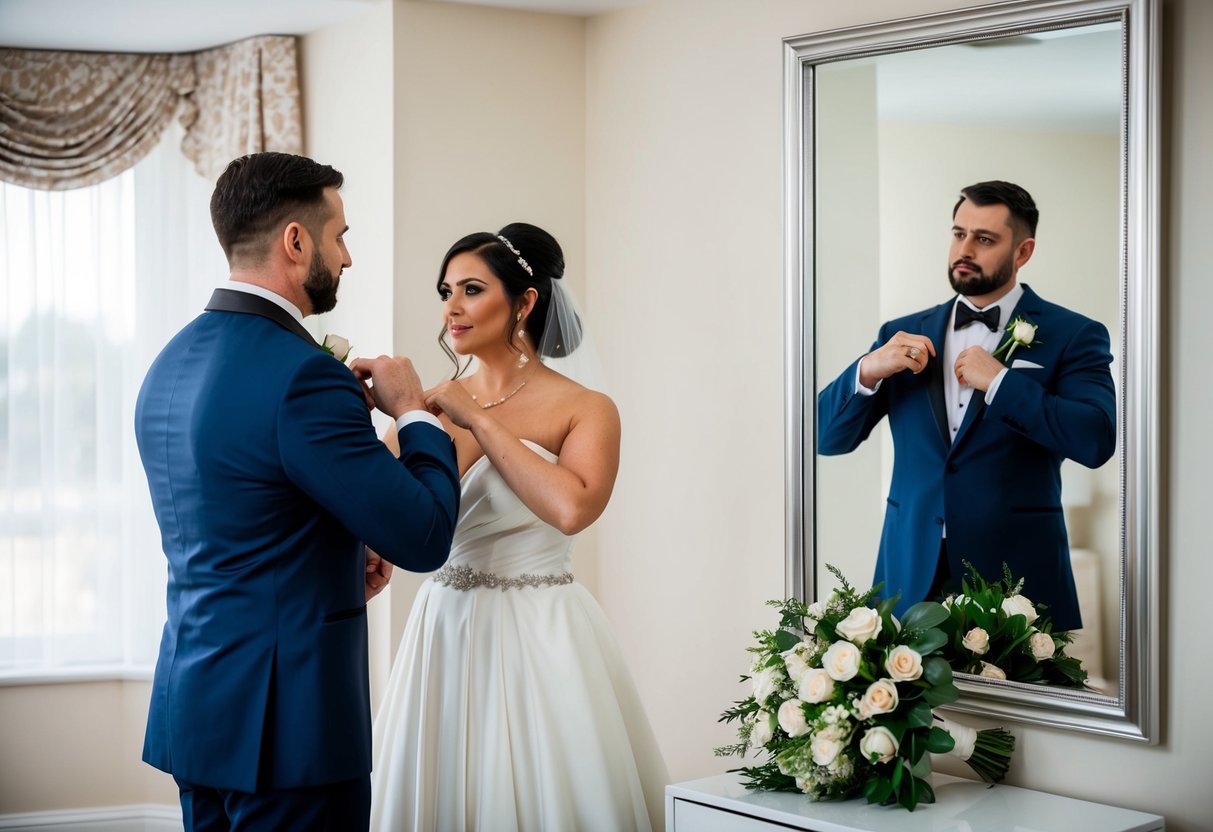 A bride and groom stand in front of a mirror, adjusting their formal wedding attire. The bride wears a flowing white gown, and the groom is in a sharp tuxedo. A bouquet of flowers sits on a nearby table
