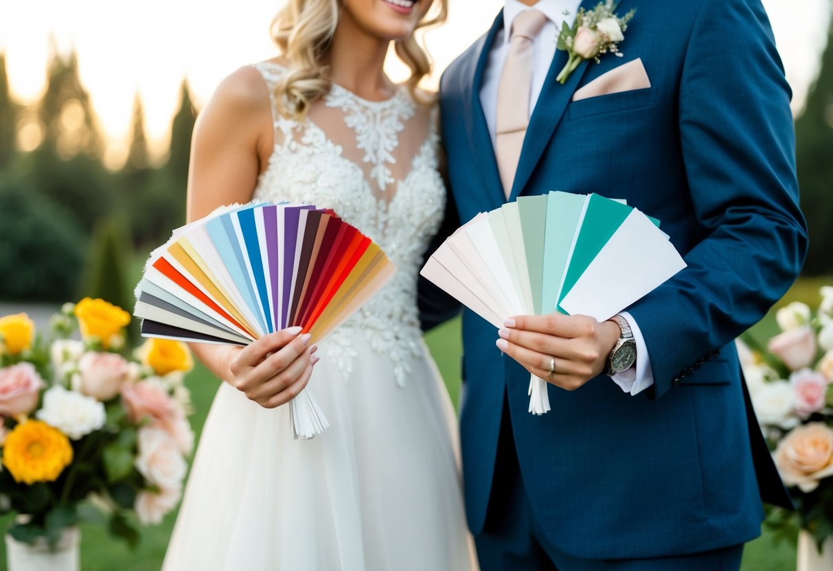 A bride and groom holding swatches of various colors, surrounded by flowers and decor samples