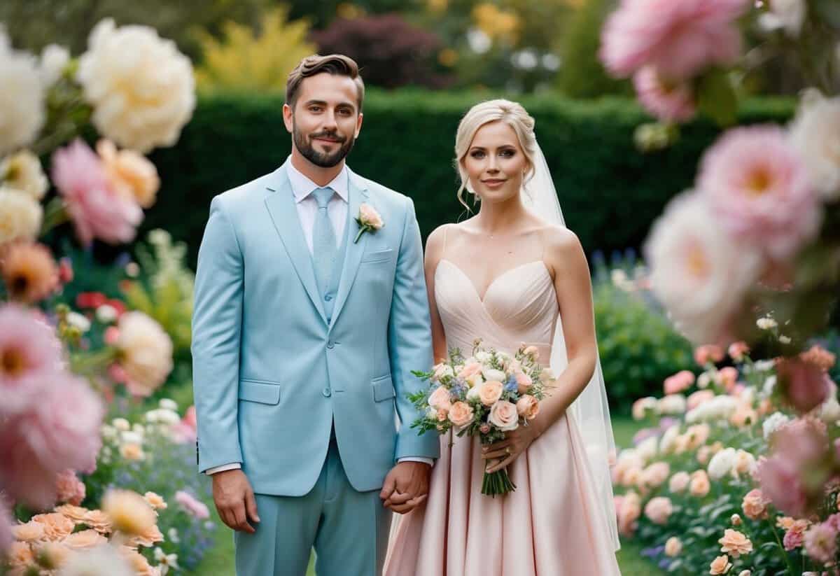 A bride and groom stand in a garden surrounded by pastel-colored flowers, with the groom in a light blue suit and the bride in a blush pink dress