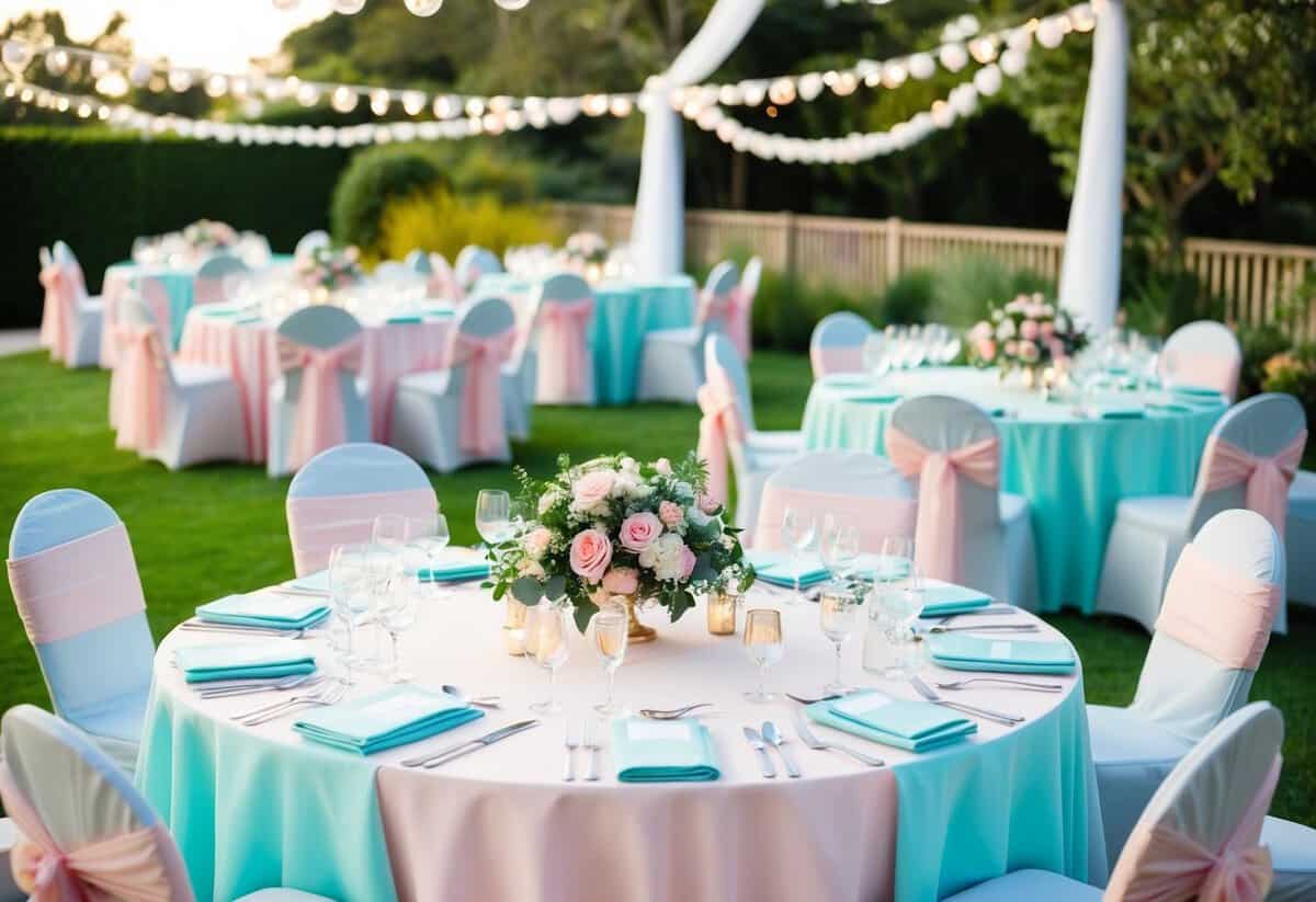 A wedding reception with a color-coordinated theme: pastel table linens, floral centerpieces, and matching chair covers in a romantic garden setting