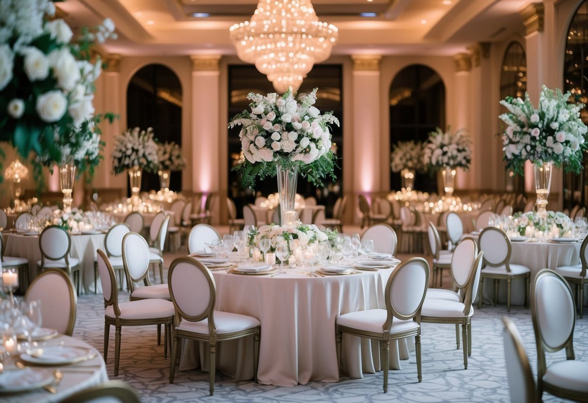 A lavish wedding reception with a grand banquet table and elegant floral centerpieces, surrounded by opulent decor and twinkling lights