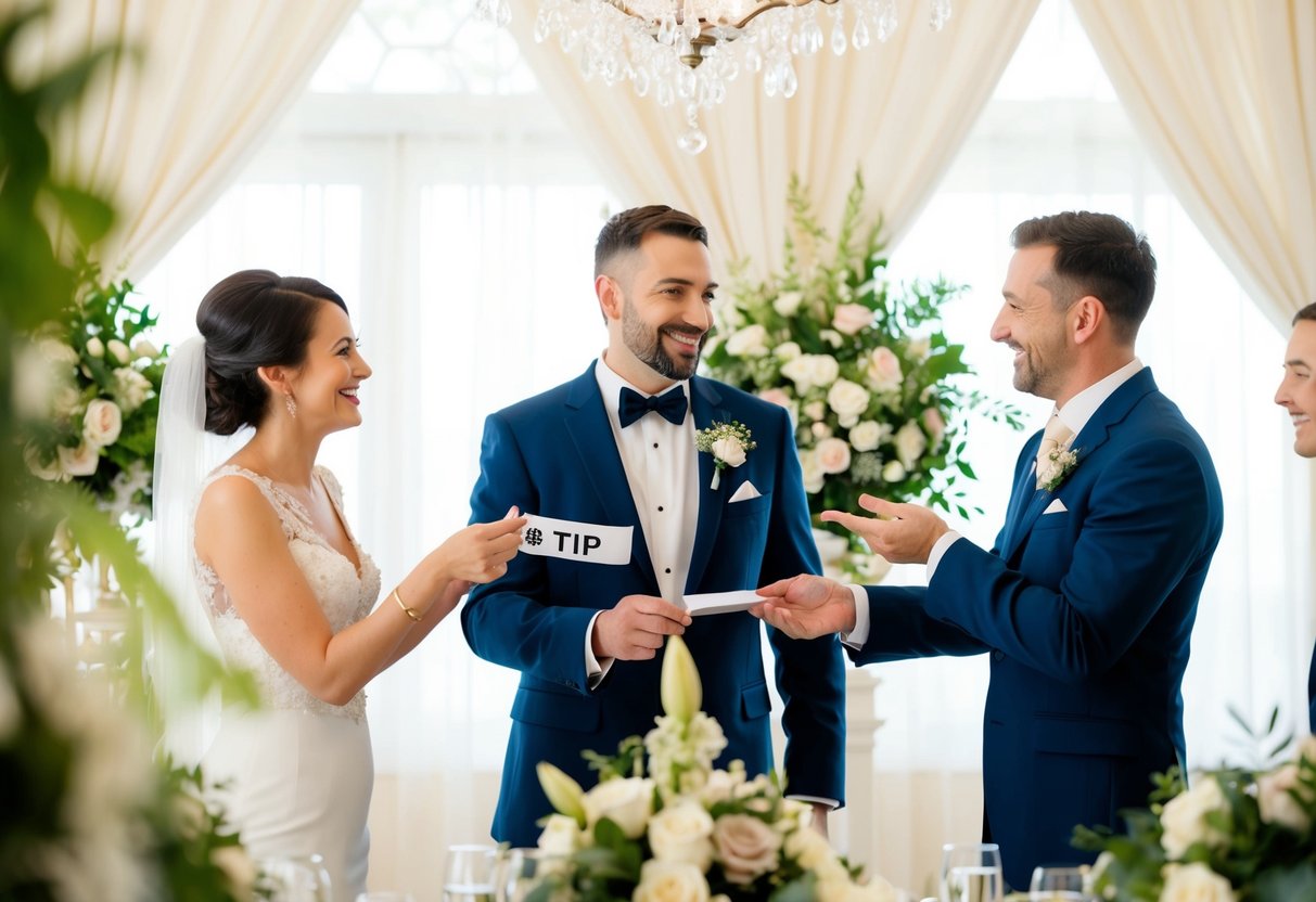 A wedding planner receives a generous tip from a happy couple, surrounded by elegant decor and celebratory atmosphere