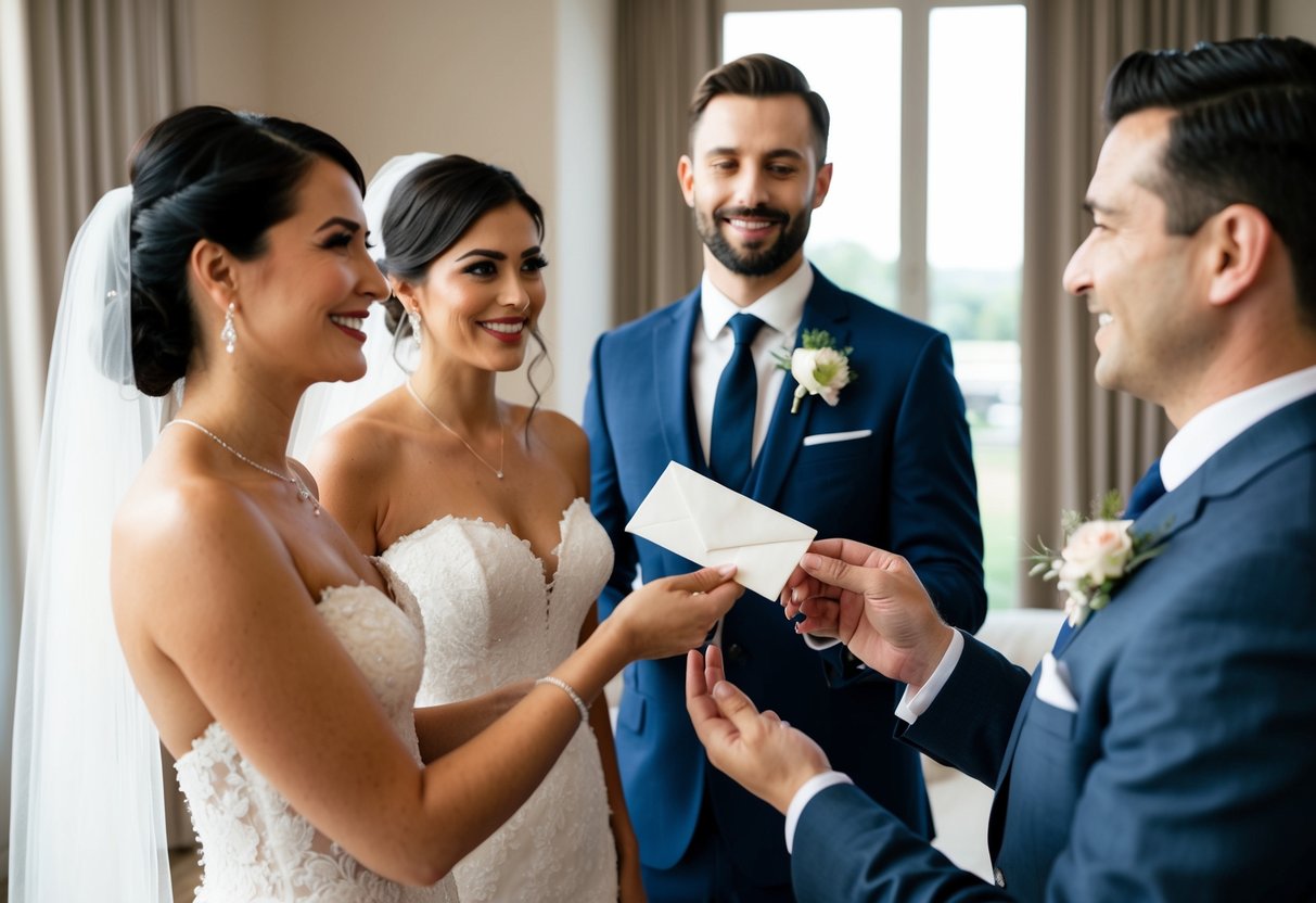 A bride and groom handing an envelope to a wedding planner with a thoughtful expression