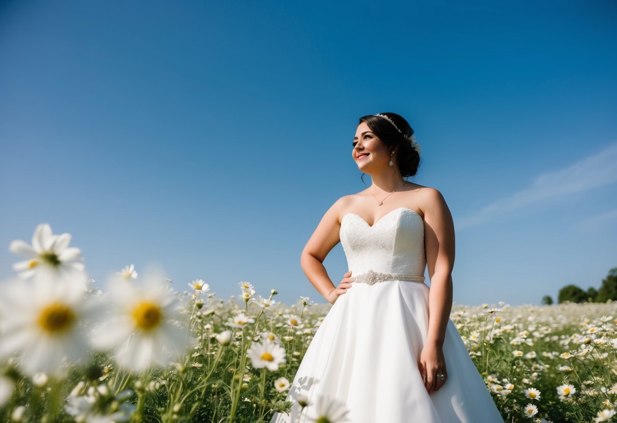 A bride standing in a field of white flowers under a clear blue sky