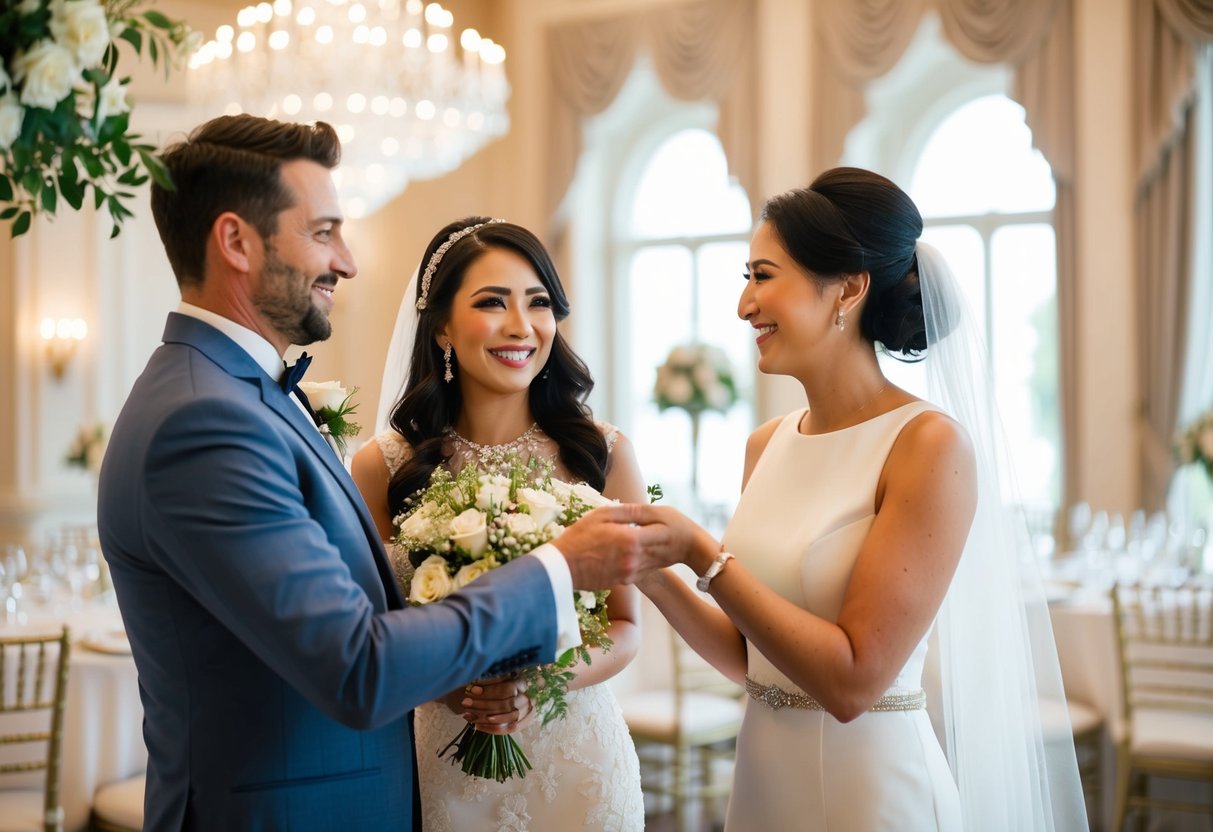 A lavish wedding venue with elegant decor, a smiling couple, and a grateful wedding planner receiving a generous tip