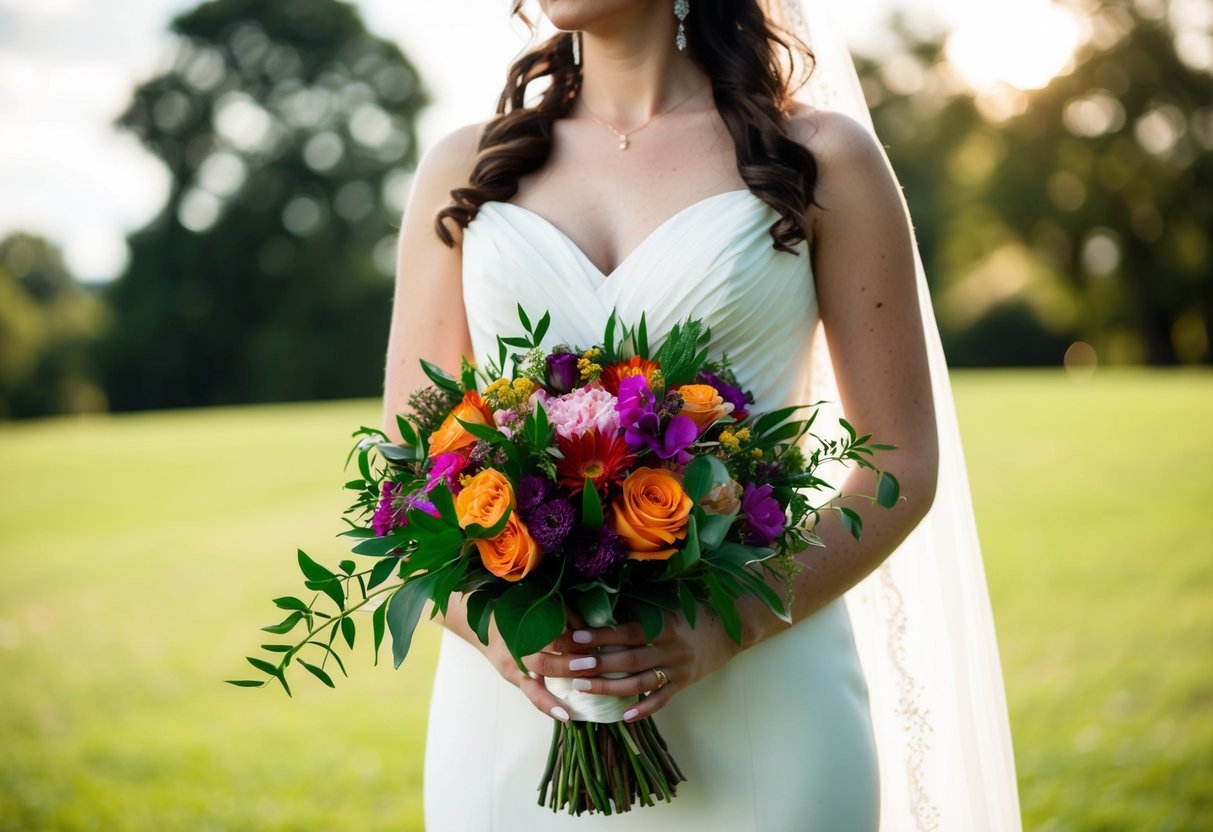 A bride holding a vibrant bouquet that contrasts with her wedding colors