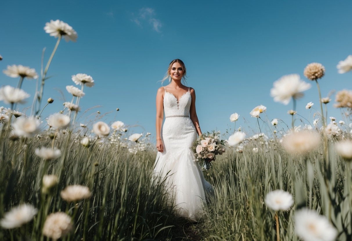 A bride standing in a field of tall grass, surrounded by soft white and neutral-toned flowers, with a clear blue sky above