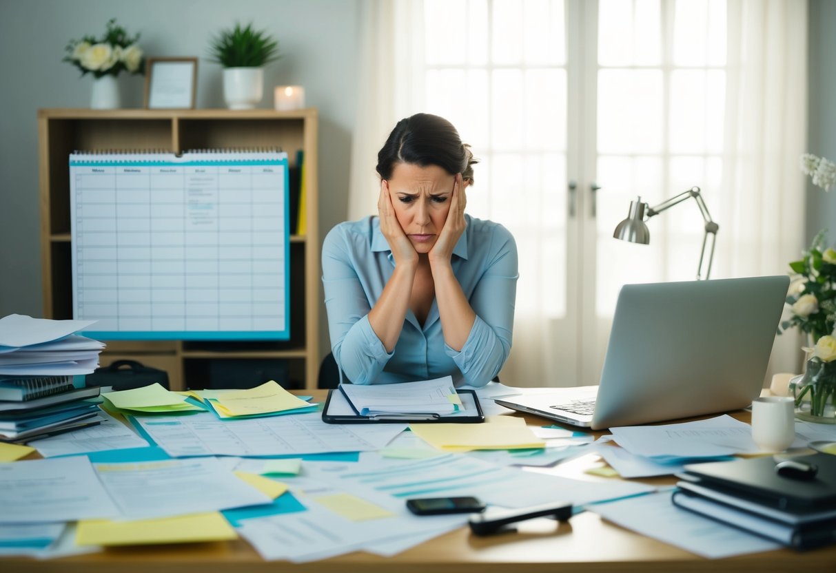 A cluttered desk with scattered papers, a scheduling calendar, and a laptop open to a list of vendors and clients. A stressed wedding planner sits with a furrowed brow, juggling multiple tasks