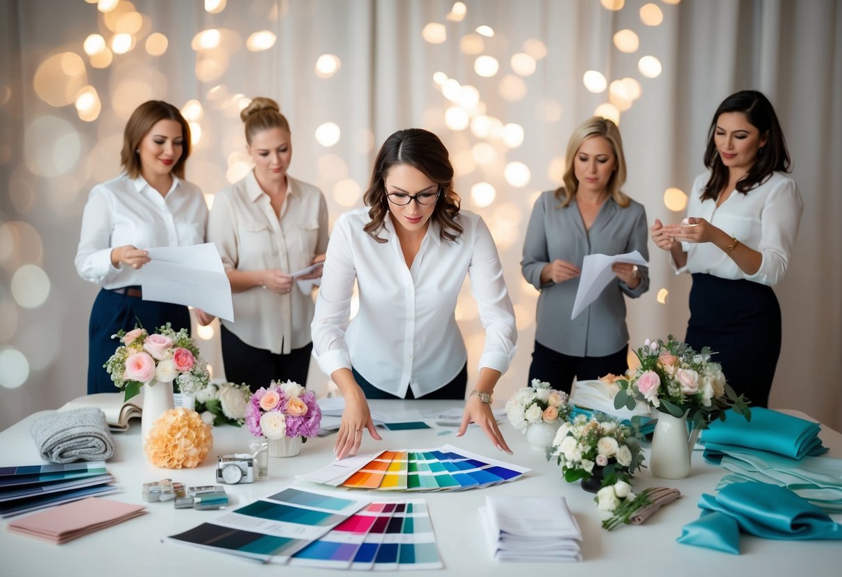 A wedding planner surrounded by a chaotic array of color swatches, fabric samples, and floral arrangements, trying to juggle conflicting client expectations