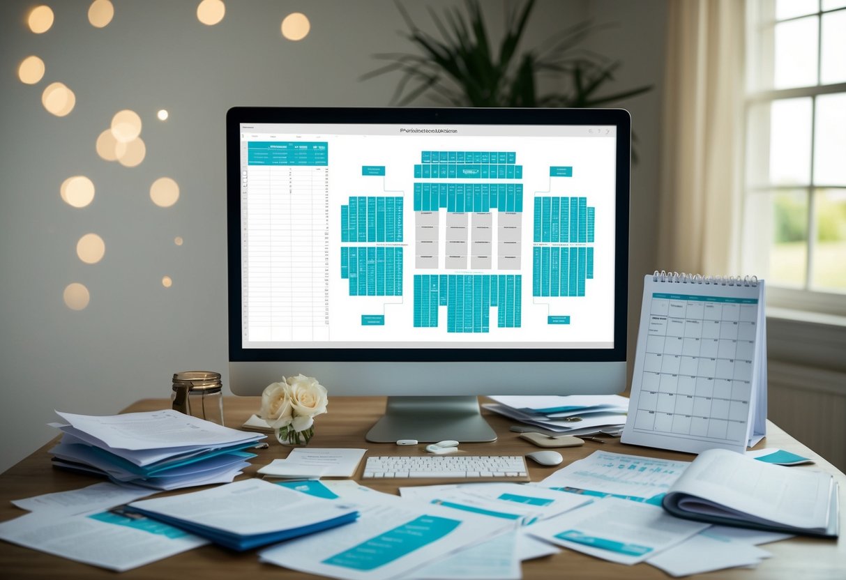 A wedding planner surrounded by scattered papers, a full calendar, and a computer screen displaying a complex seating chart