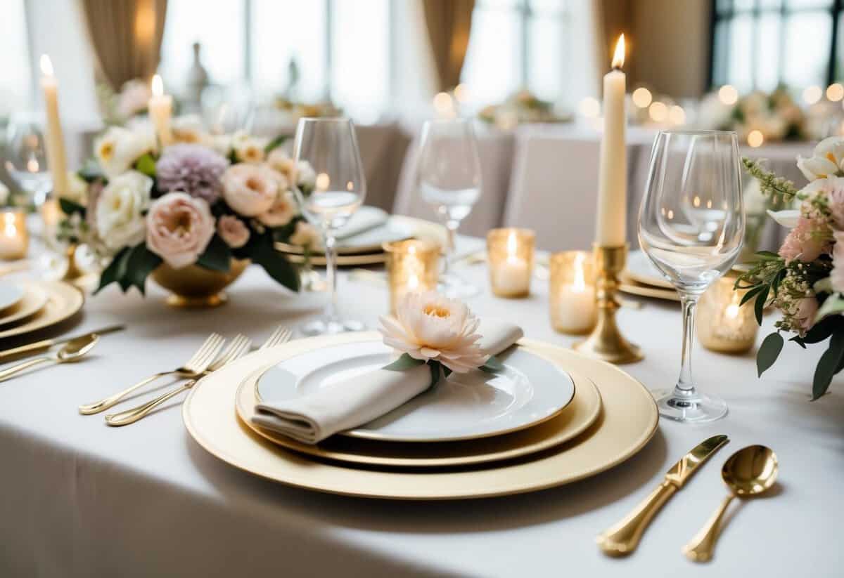 A table set with elegant white and gold place settings, adorned with soft pastel flowers and candles