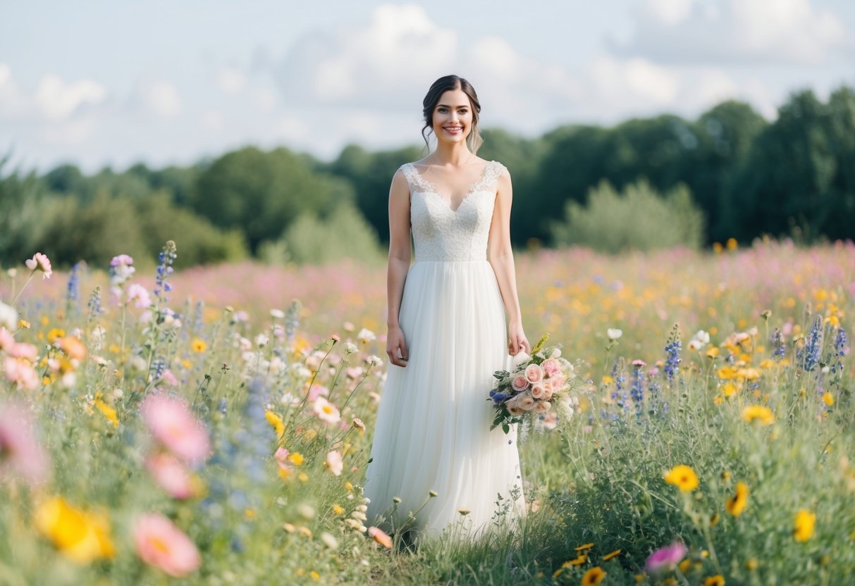 A bride standing in a field of wildflowers, surrounded by a soft, pastel color palette of pinks, blues, and yellows