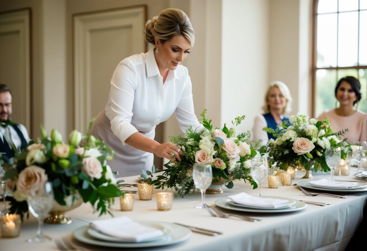 A wedding planner meticulously arranges flowers, seating, and decor with a focused and organized demeanor