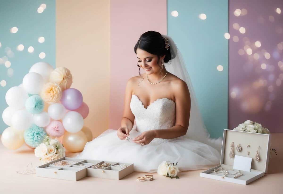 A bride surrounded by a palette of soft pastel colors, choosing accessories for her wedding gown