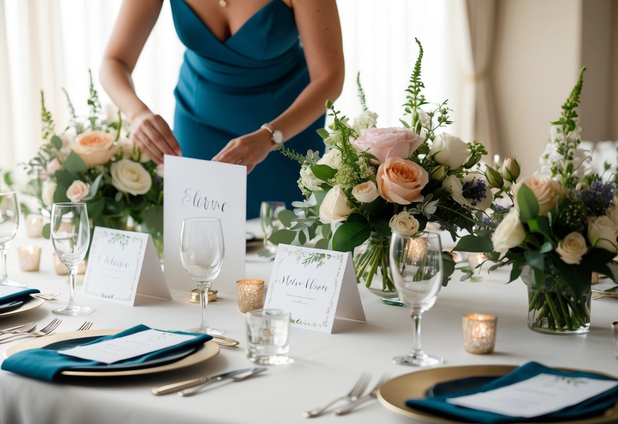 A wedding planner meticulously organizes a table setting with elegant place cards, floral centerpieces, and coordinating linens