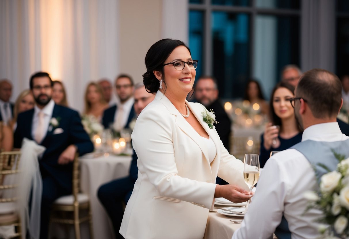 A wedding planner confidently oversees a bustling reception, calmly directing vendors and ensuring everything runs smoothly