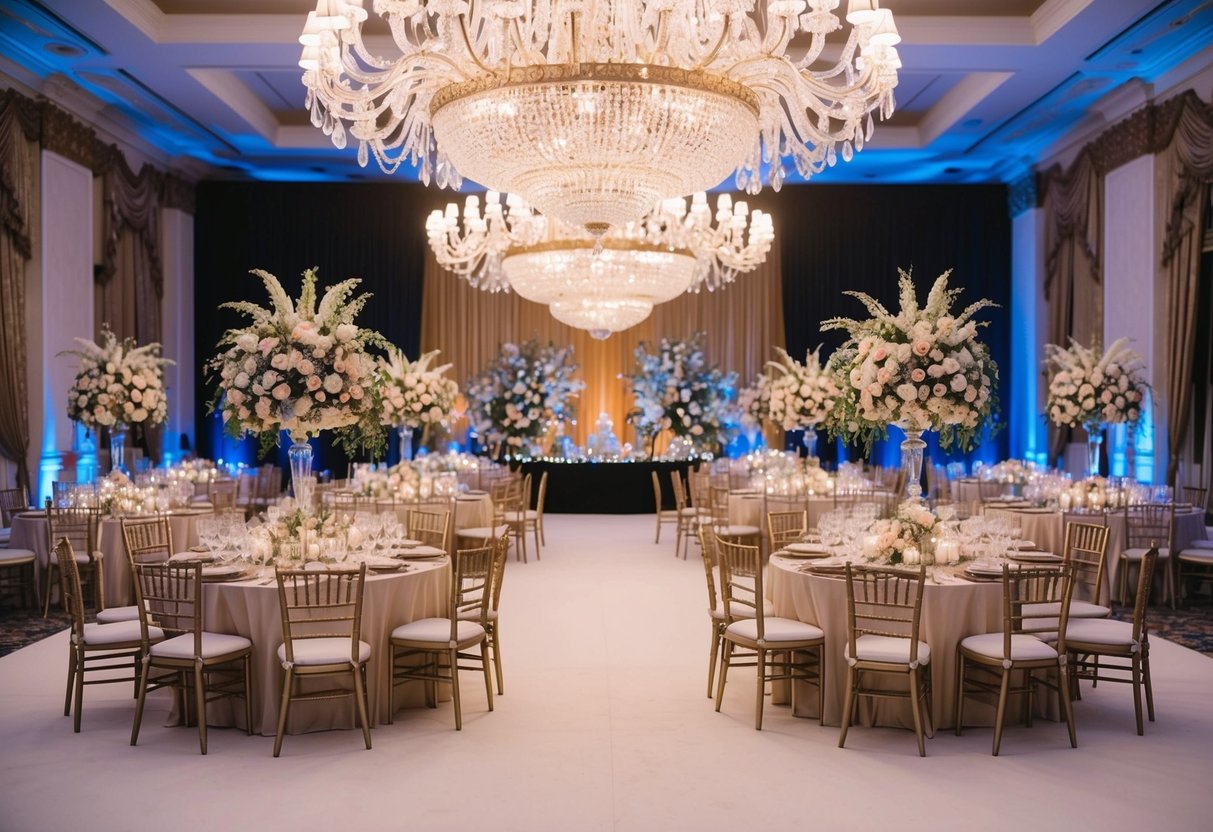 A grand chandelier-lit ballroom with ornate decor, opulent floral arrangements, and elegant table settings
