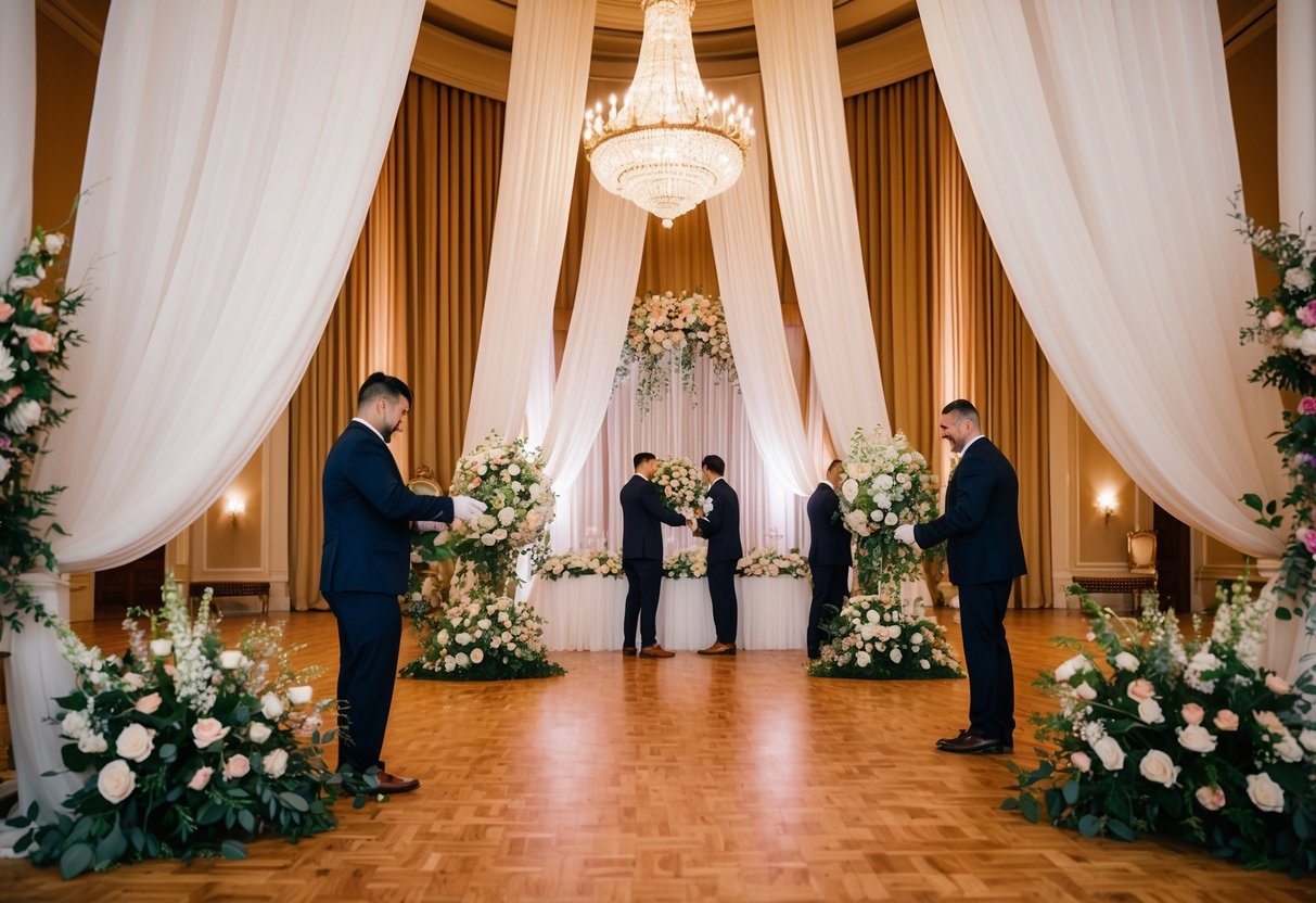Decorators arrange flowers and drapery in a grand ballroom for a wedding celebration