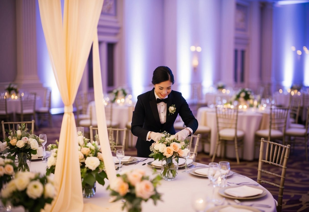 A wedding decorator arranging flowers and draping fabric in a grand ballroom. Tables are set with elegant centerpieces and soft lighting creates a romantic ambiance