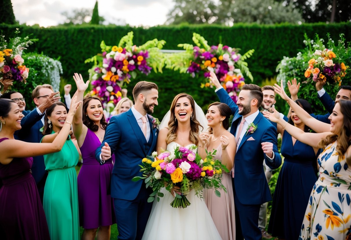 A lush garden with vibrant floral arrangements in the wedding color of the year, surrounded by joyful guests celebrating the happy couple