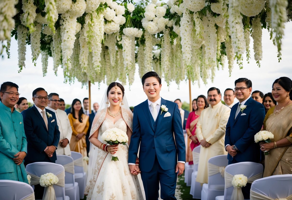 A bride and groom standing under a canopy of white flowers, surrounded by guests in traditional wedding attire