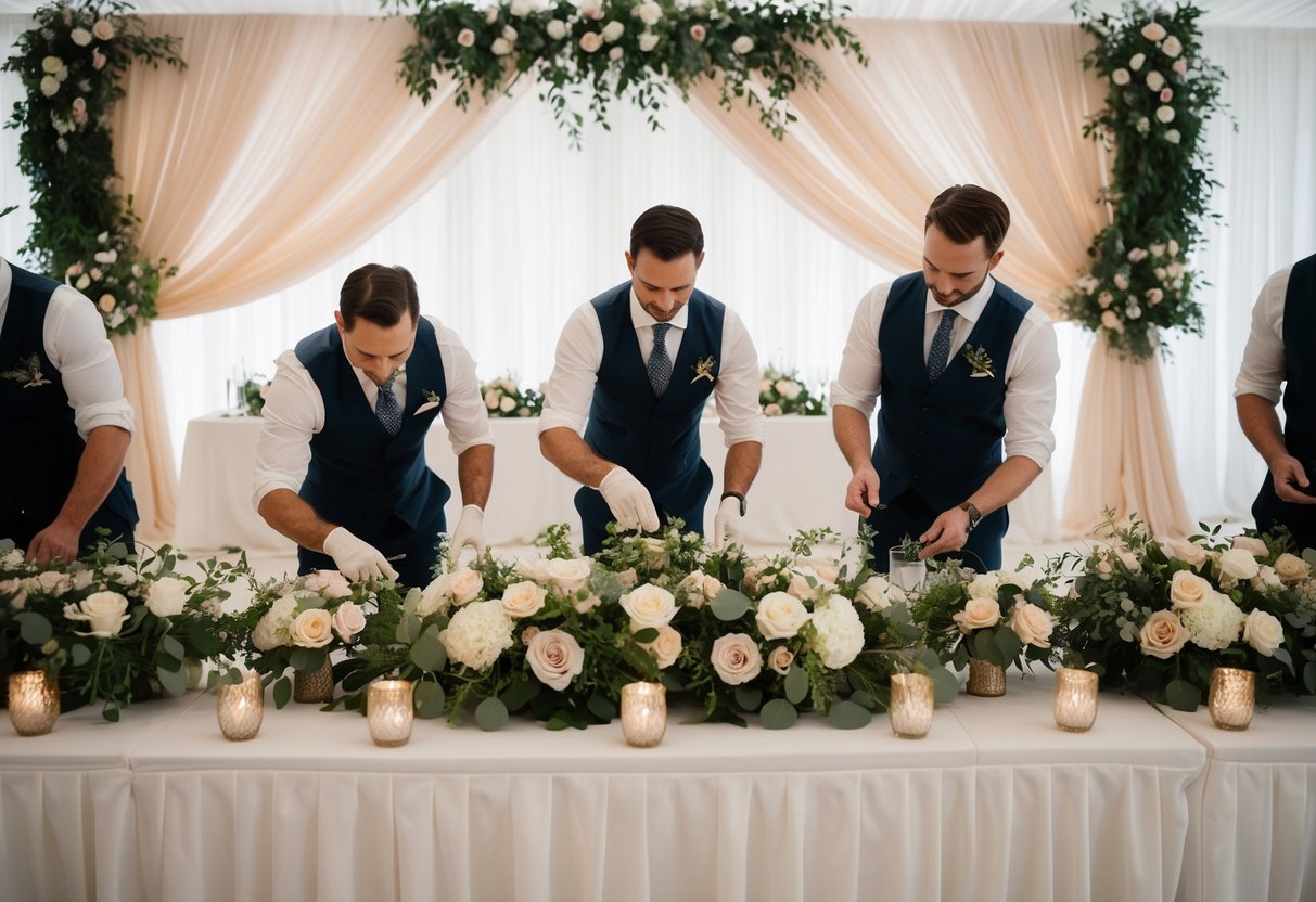 Decorators arrange floral centerpieces and draping for a wedding reception. They collaborate with other professionals to ensure a cohesive and elegant aesthetic