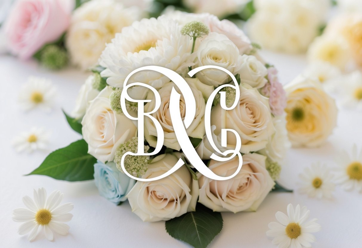 A traditional wedding color palette with white, cream, and pastel accents. A bride and groom's initials intertwined in a monogram