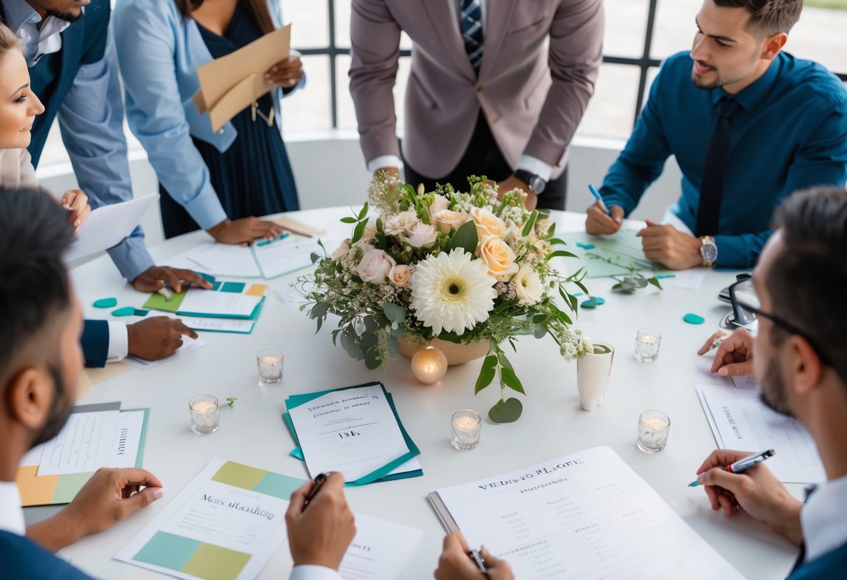A table with wedding planning materials, such as invitations, flowers, and a seating chart, surrounded by a group of people brainstorming and discussing