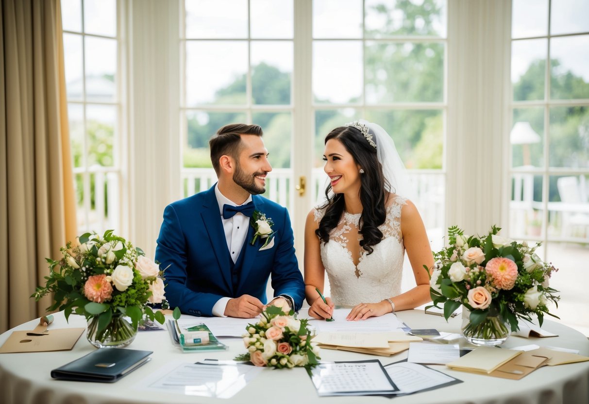 A bride and groom sit at a table surrounded by wedding planning materials, such as invitations, flowers, and a checklist