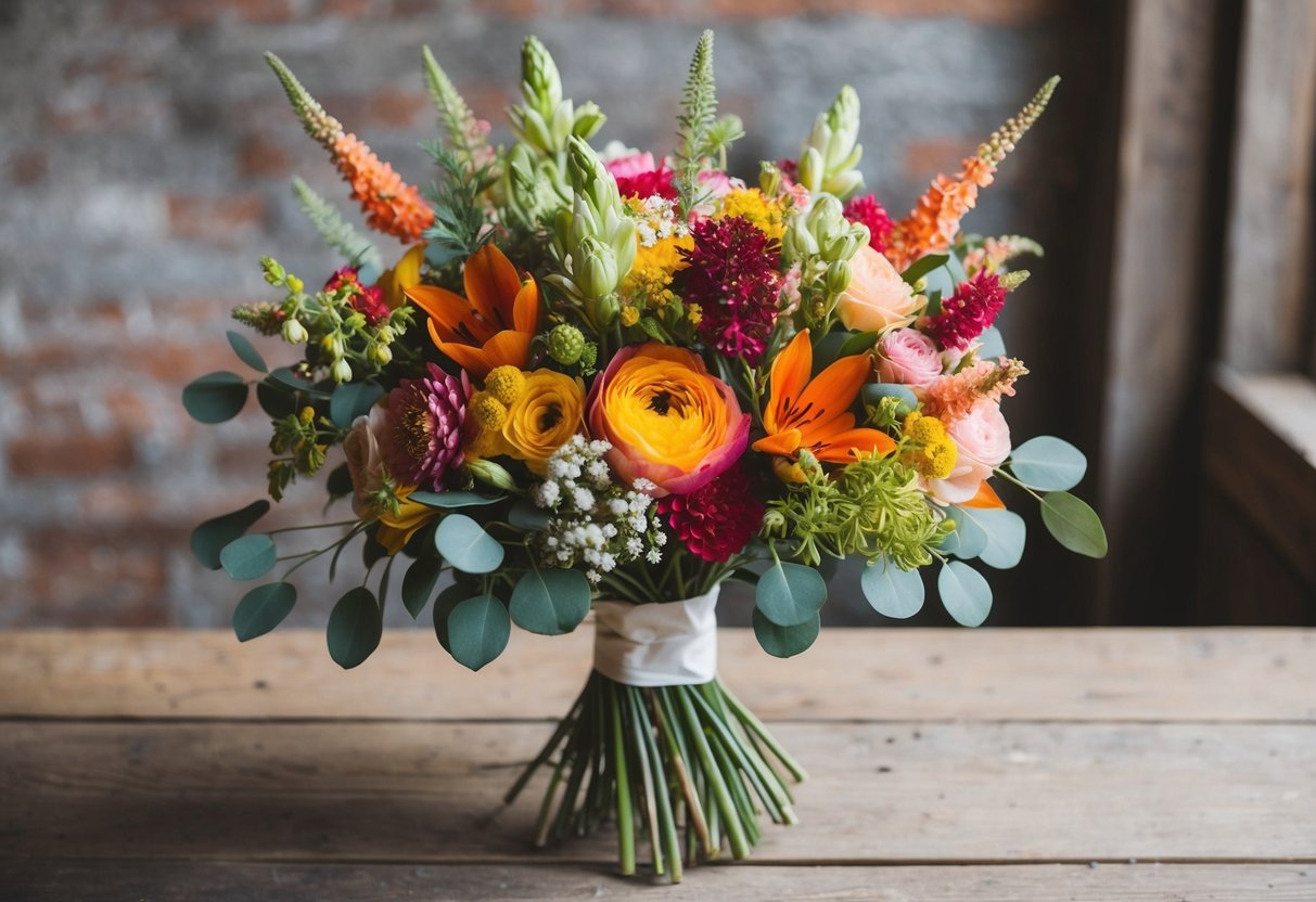 A colorful wedding bouquet with seasonal flowers in a rustic setting