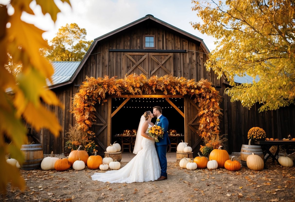 A rustic barn wedding with warm autumnal colors and decor, surrounded by golden foliage and pumpkins