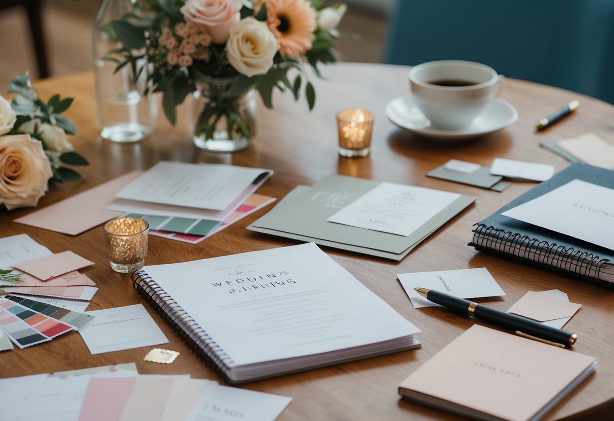 A table with scattered wedding planning materials, including swatches, invitations, and flower samples, surrounded by a notebook and pen