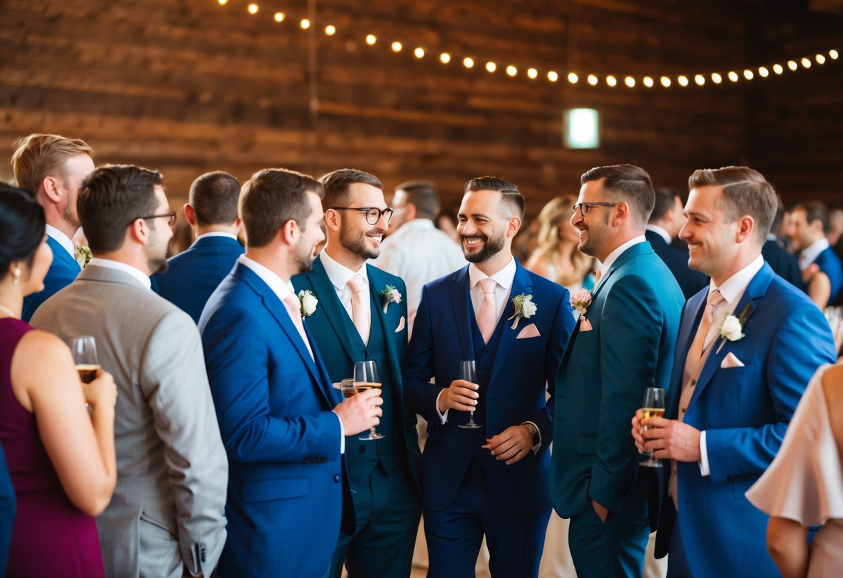 A group of wedding guests in various colored suits mingle and chat at a reception