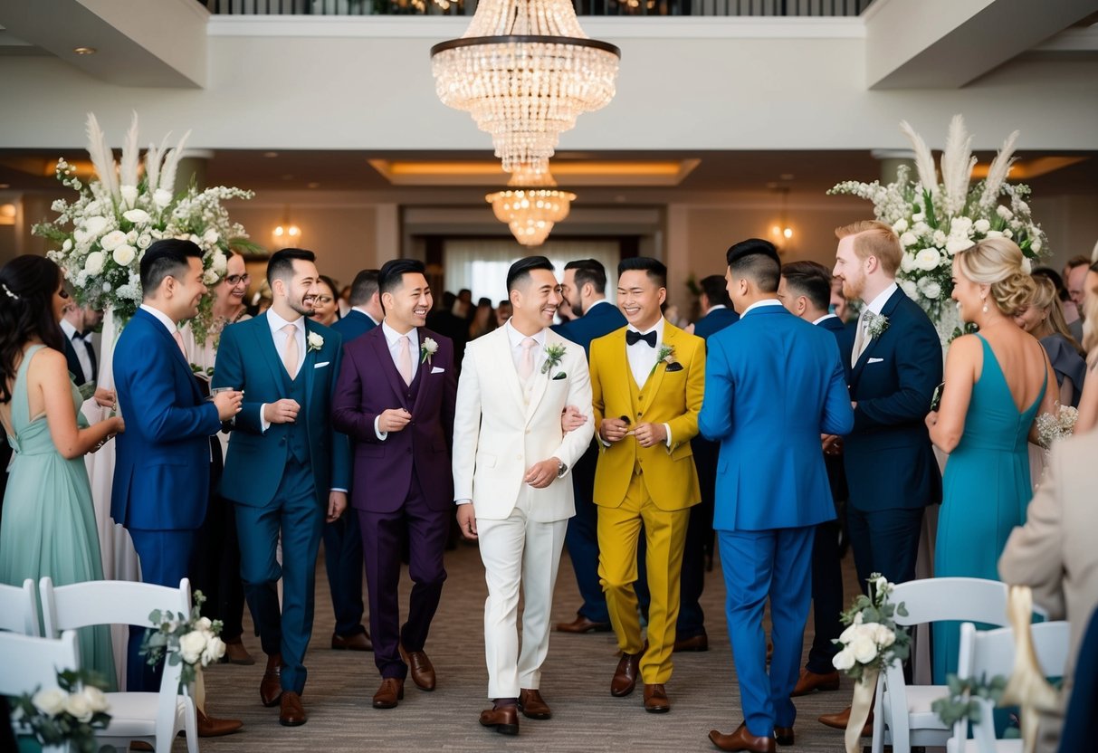 A group of wedding guests in various colored suits mingling at a venue with elegant decor and floral arrangements