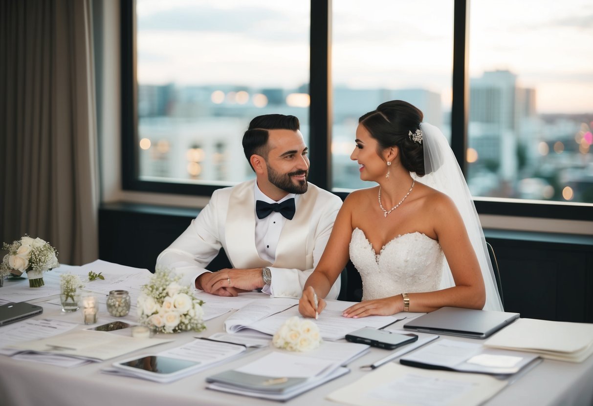 A bride and groom sit at a table covered in wedding planning materials, discussing and finalizing details for their upcoming wedding