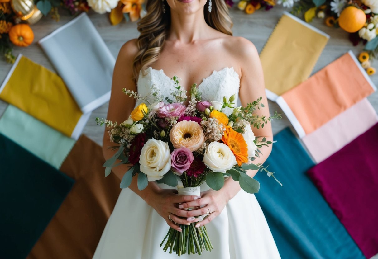 A bride holding a bouquet of flowers in various shades, surrounded by swatches of fabric in different colors, with seasonal elements in the background