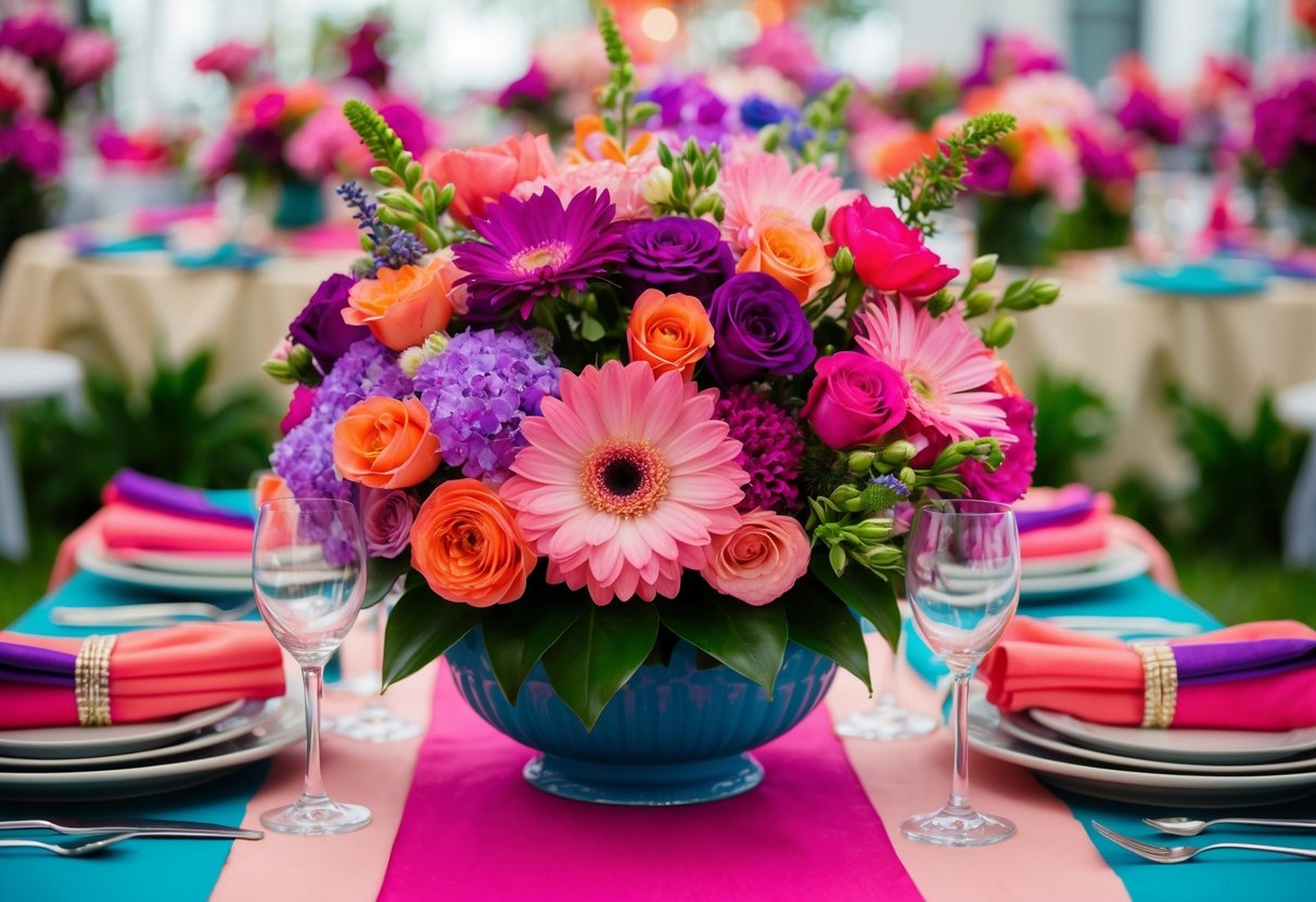 A vibrant bouquet of flowers in various shades of pink, purple, and coral sits atop a table adorned with colorful linens and place settings