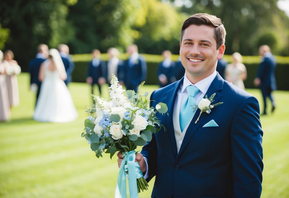 A wedding guest wearing a navy blue suit with a light blue tie, holding a bouquet of white flowers