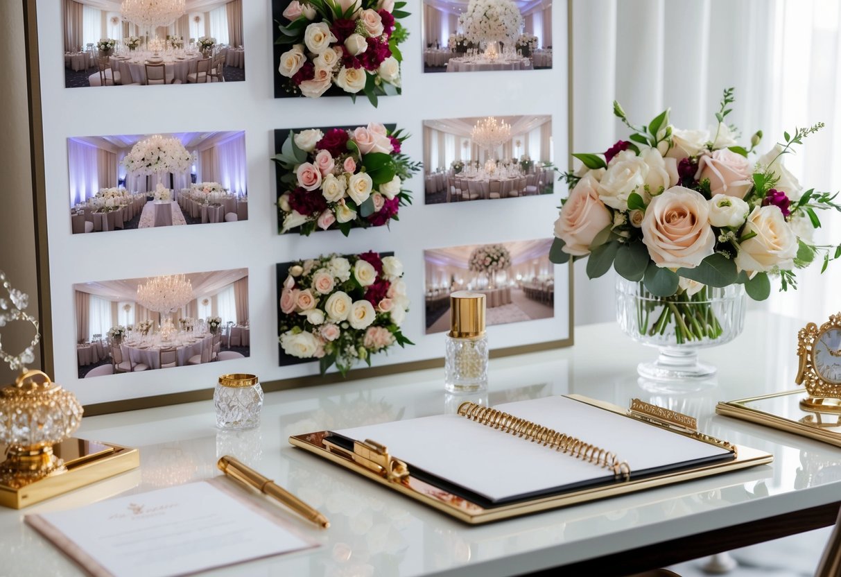 A luxury wedding planner's desk with elegant stationery, a crystal pen, and a mood board of opulent floral arrangements and extravagant venues